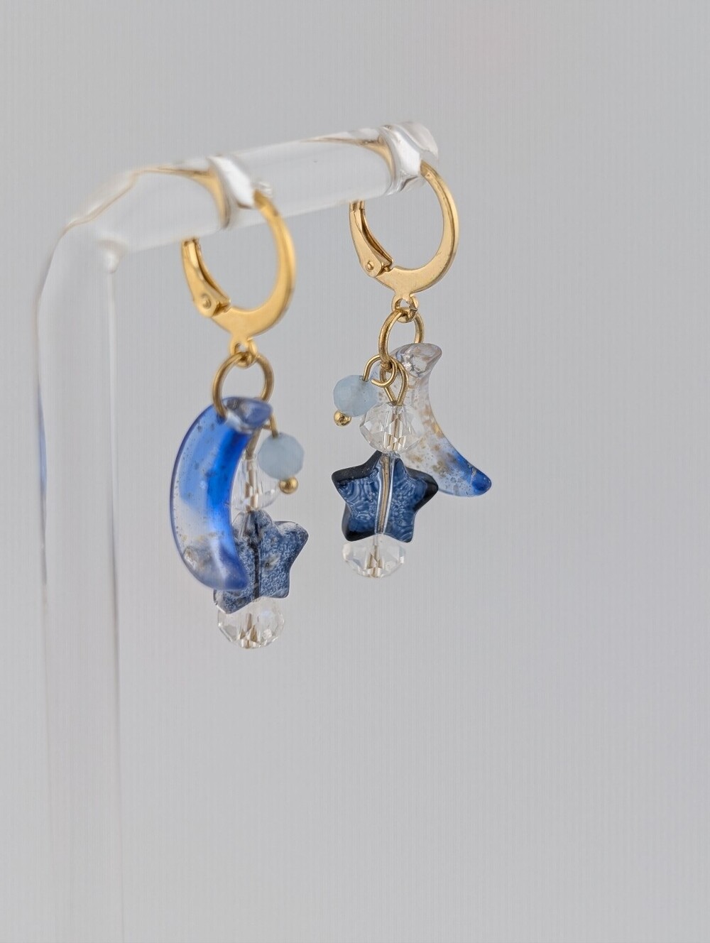 Celestial Glass Star & Moon Gold Earrings - Artisan Jewelry - D044